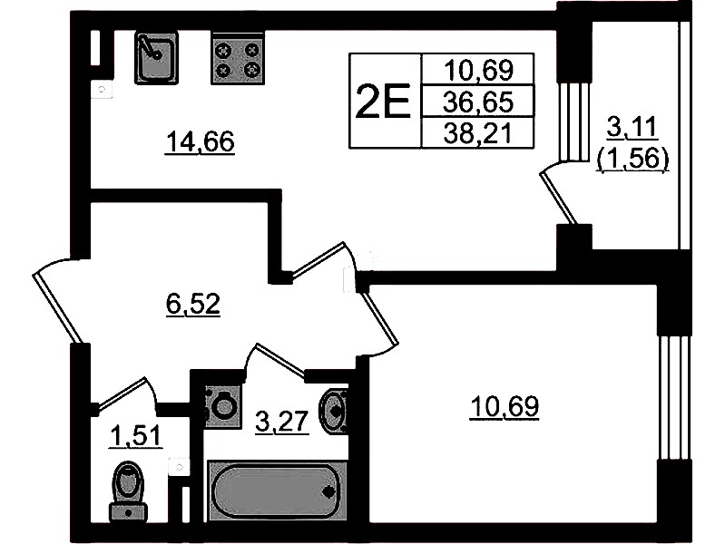 1-комнатная квартира 38.21 м², 2/4 эт., ЖК «Новая история»